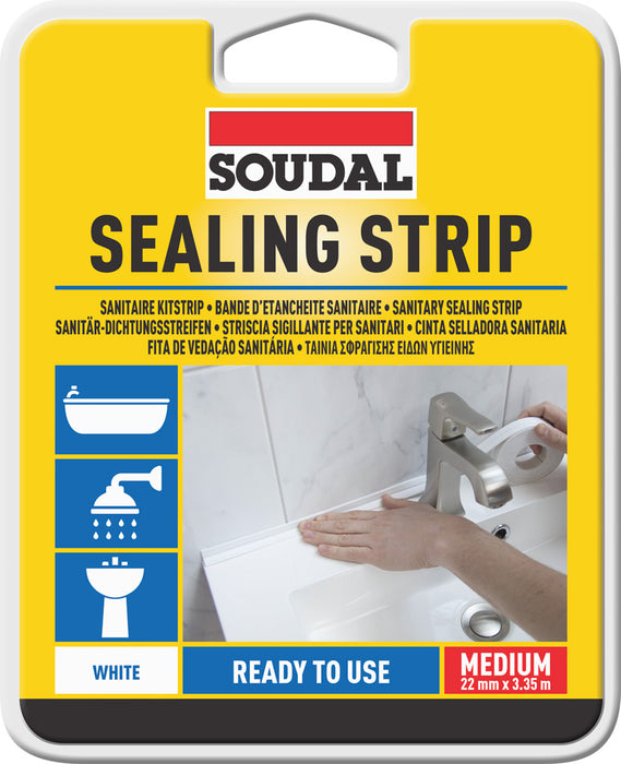 Soudal Sealing Strip White Medium 22mm x 3.35m – Self-Adhesive Waterproof Tape for Baths, Showers & Sinks