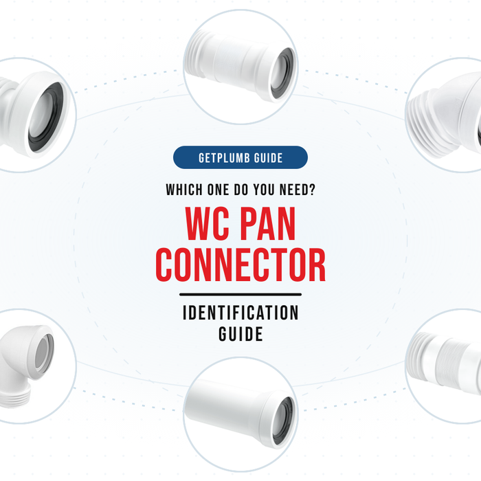 McAlpine WC pan connector identification guide showing straight, angled, flexible and offset connector types.