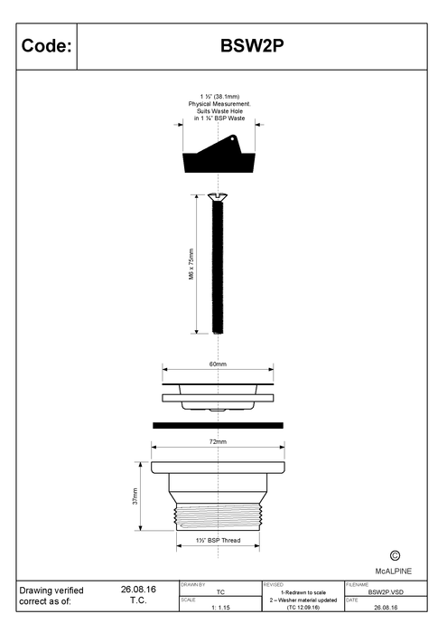 McAlpine BSW1PC 1¼" Centre Pin Basin Waste with Chain