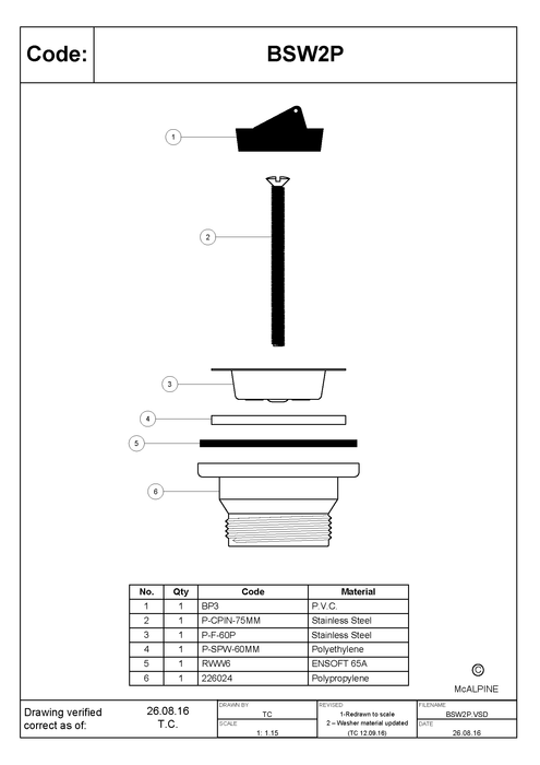 McAlpine BSW1PC 1¼" Centre Pin Basin Waste with Chain