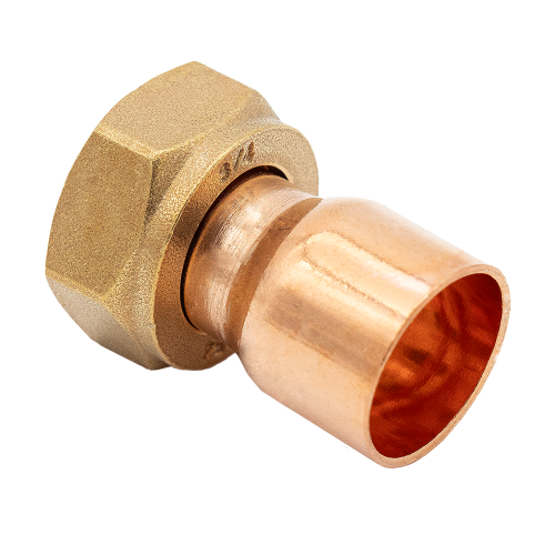 22mm x one inch end feed bent cylinder union in copper, cut-out on white