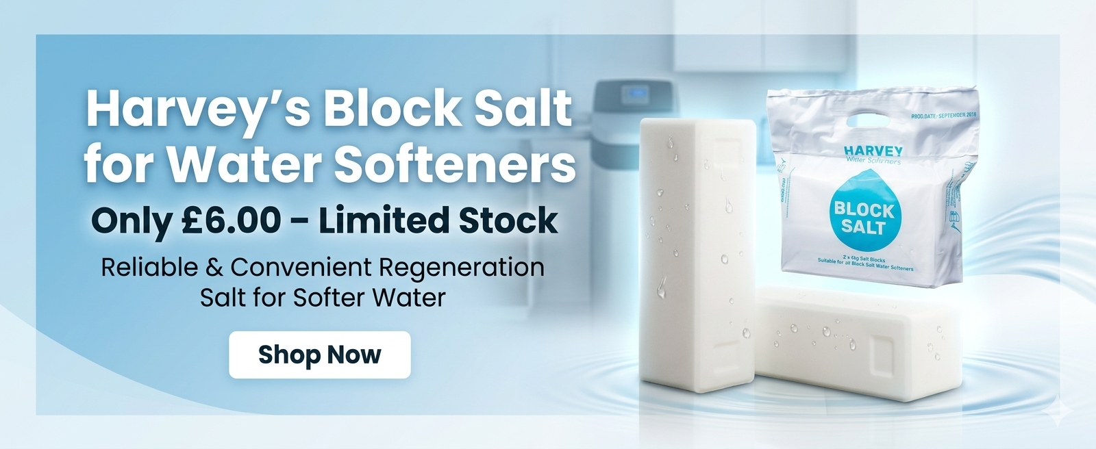 Advertisement for Harvey's Block Salt for water softeners with product packaging and text on a light blue background.