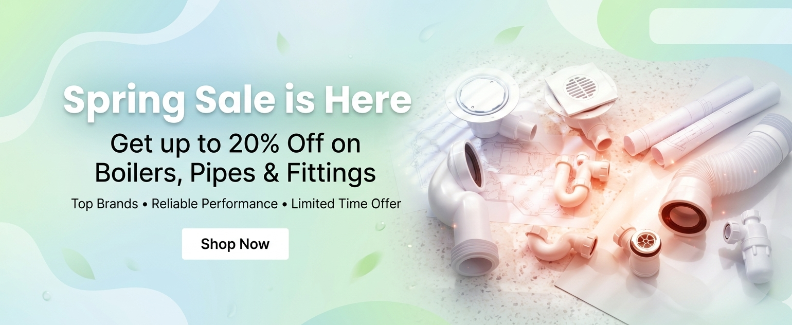 Promotional banner for a spring sale on boilers, pipes, and fittings with product images and text.