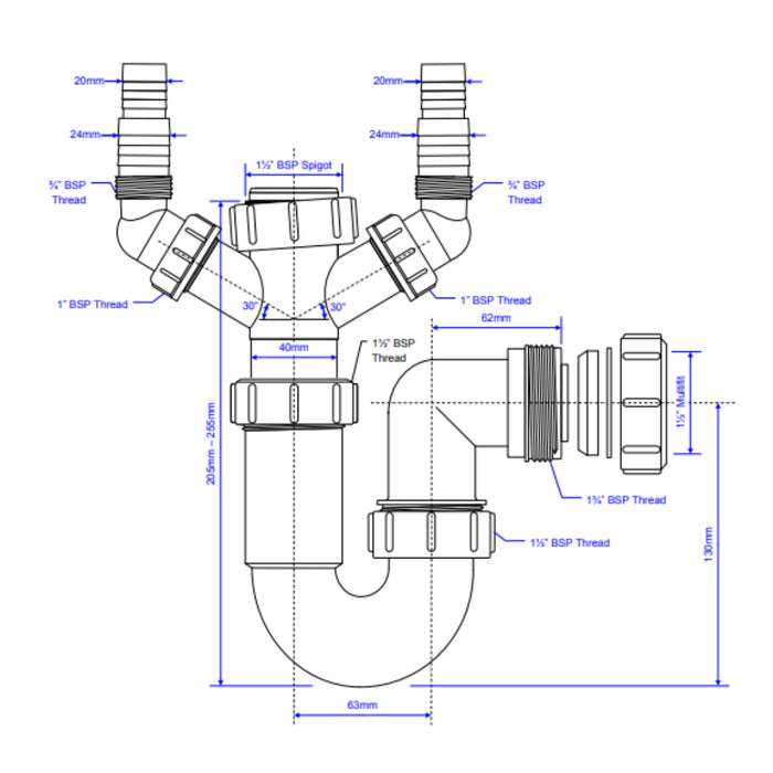 McAlpine WM11 1.5" Washing Machine Trap with 2 Inlet Connections