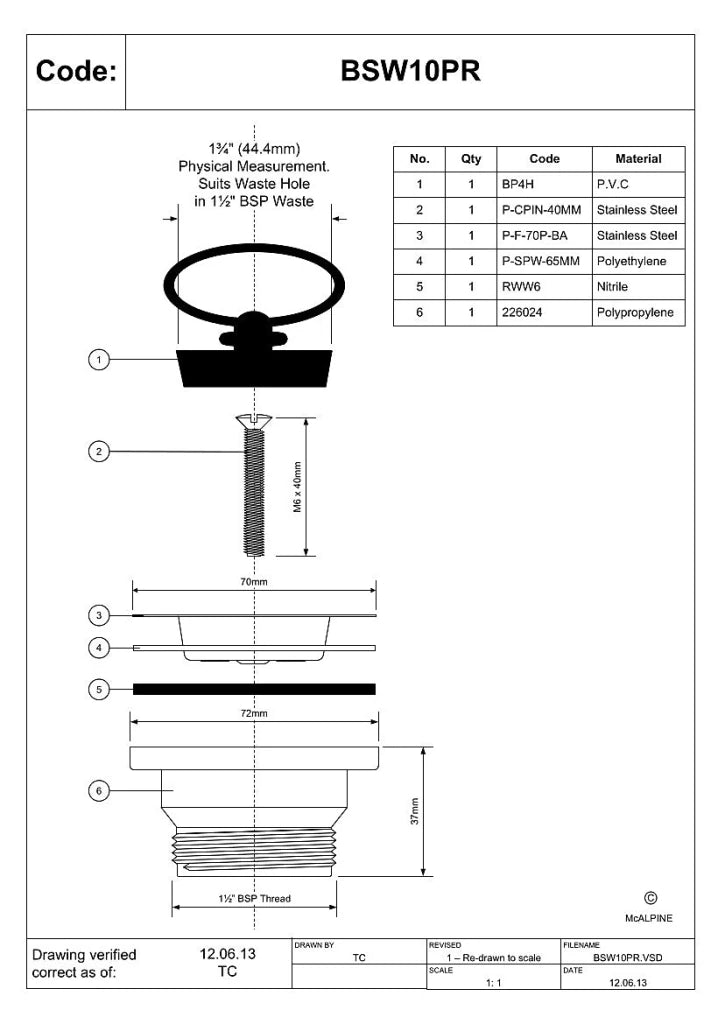 McAlpine 1.5" × 70mm Sink Waste with BP4H Plug | BSW10PR - Getplumb