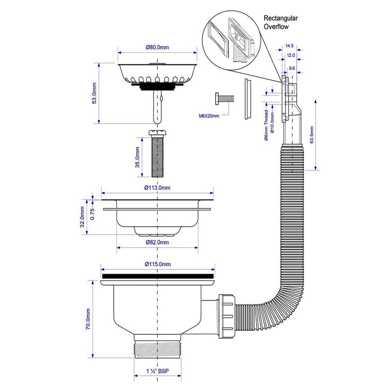 McAlpine 1.5" Waste with Rectangular Overflow Including Stainless Steel Grid - Getplumb
