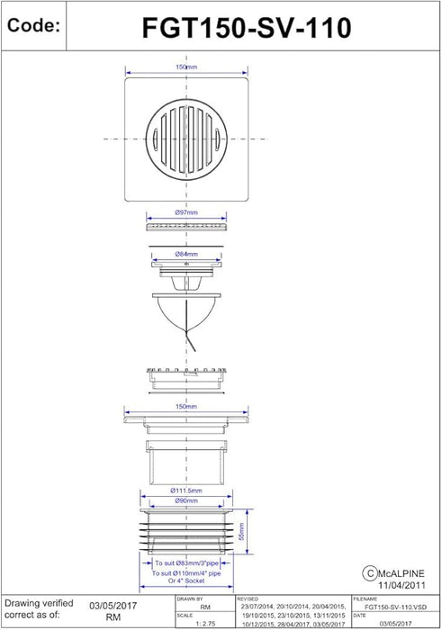 McAlpine 150mm Stainless Steel Tile Insert with Silicone Non - Return Valve – FGT150SV110 - Getplumb