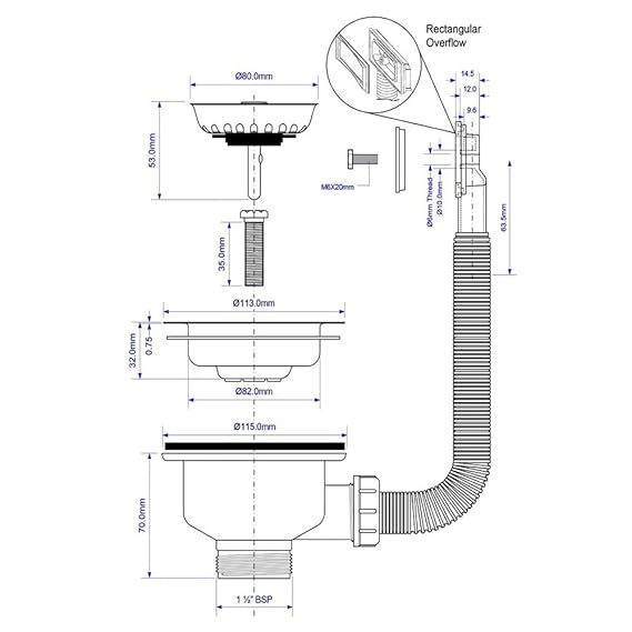 McAlpine Basket Strainer Waste with Rectangular Overflow - BWSTOFRS - Stainless Steel - Getplumb