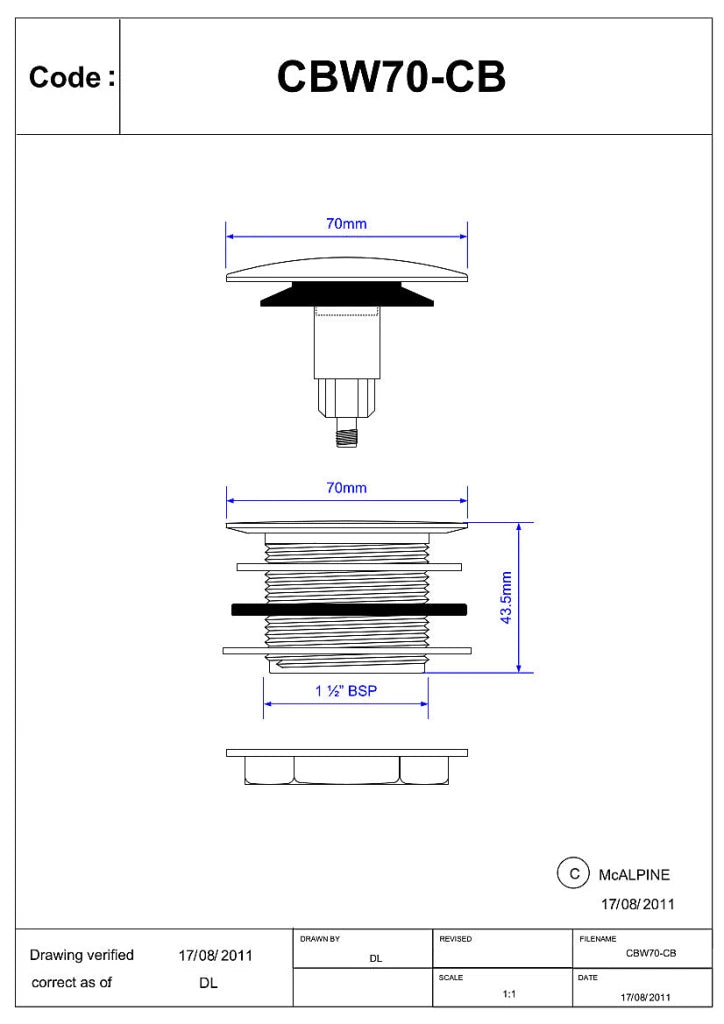 McAlpine CBW70CB 1.5" Spring Loaded Bath Waste - Getplumb