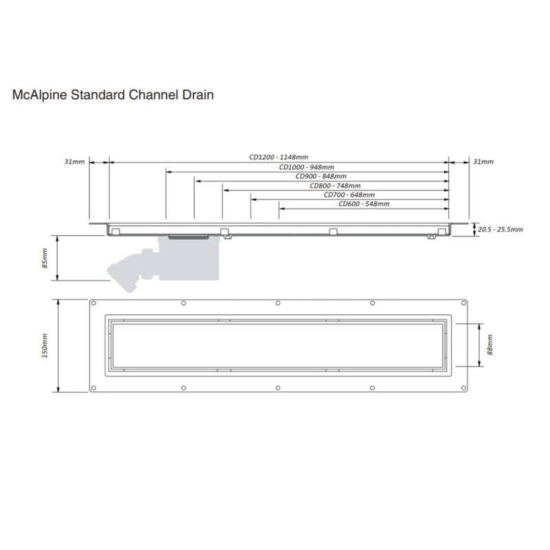 McAlpine CD800P 800mm Polished Finish Channel Drain for Wetrooms with Tileable Grate - Getplumb