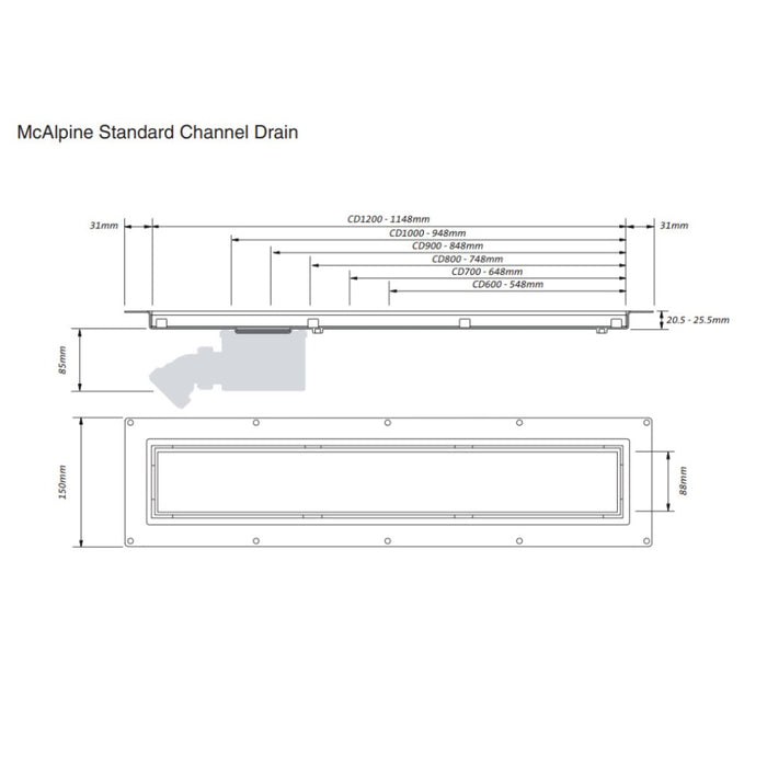McAlpine CD800P 800mm Polished Finish Channel Drain for Wetrooms with Tileable Grate - Getplumb