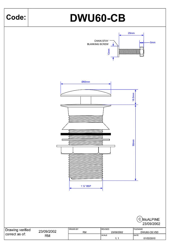 McAlpine DWU60CB 1.25" Freeflow Basin Waste Unslotted - Getplumb
