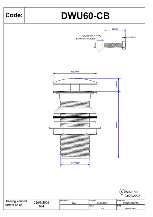 McAlpine DWU60CB 1.25" Freeflow Basin Waste Unslotted - Getplumb