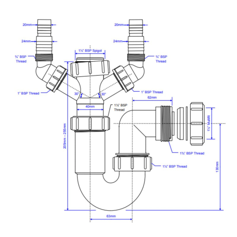 McAlpine WM11 1.5" Washing Machine Trap with 2 Inlet Connections - Getplumb