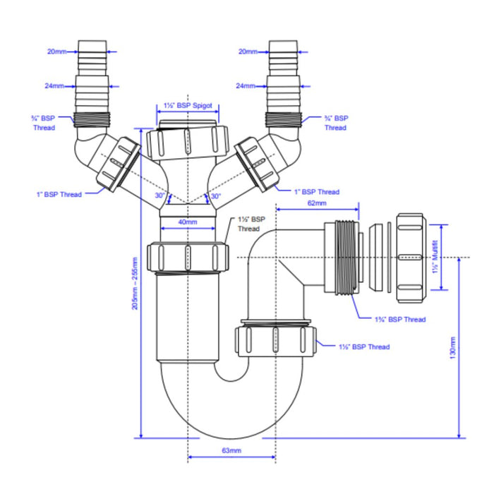 McAlpine WM11 1.5" Washing Machine Trap with 2 Inlet Connections - Getplumb