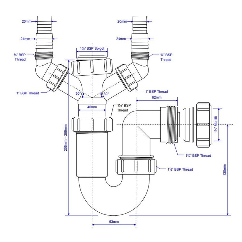 McAlpine WM11V 1.5" Silent Kitchen SInk Trap With 2 Inlet Connections for washing machine and dishwasher - Getplumb