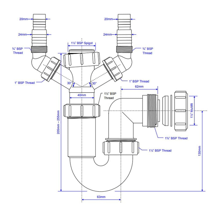 McAlpine WM11V 1.5" Silent Kitchen SInk Trap With 2 Inlet Connections for washing machine and dishwasher - Getplumb