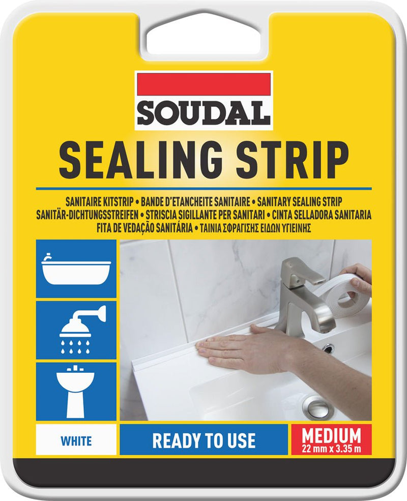 Soudal Sealing Strip White Medium 22mm x 3.35m – Self - Adhesive Waterproof Tape for Baths, Showers & Sinks - Getplumb